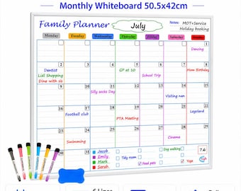 Large Monthly, Daily Fridge Magnetic Whiteboard (50.5×42 cm). Monday Start, 6 Rows Fit All 31 Days, 4 Lines per Day. Markers&Eraser Included