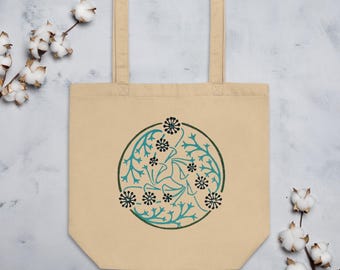 Vintage blommig tygväska – shoppingväska i ekologisk bomull – illustration av Vegetalis Mucha – miljövänlig present