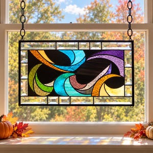 Abstract Stained Glass Window Panel, Handmade Suncatcher, Modern Glass Art, 20.5 x 11.5 Inch