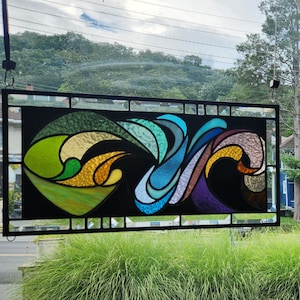 FREE FORM Stained Glass Window Panel (Signed and Dated).((Seller On Vacation till (9/8))
