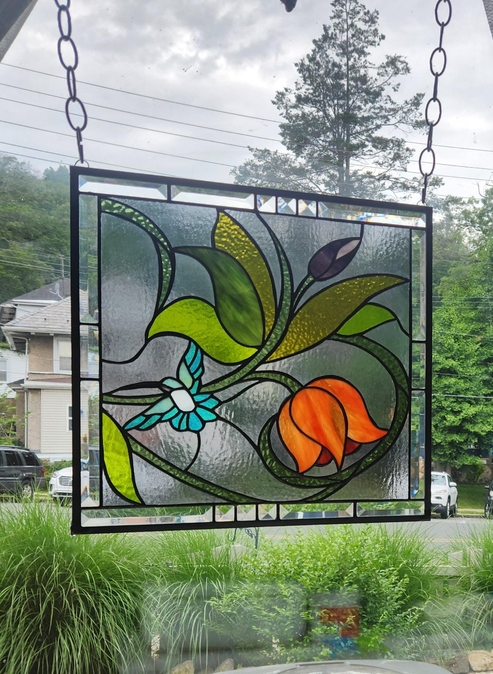 HUMMINGBIRD FLIGHT Stained Glass Window Panel (Signed and Dated)