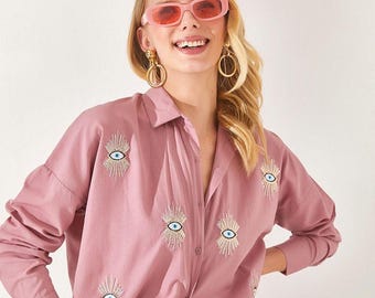 Women Evil Eye Pattern Shirts, Embroidered Shirts, Evil eye sequin, Women Tops, Daily Shirts, Vintage Shirts, Blouse for women, Gift for her