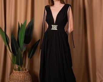 Black Double Slit V Neck Long Cotton Greek Goddess Dress - Tie Waist Maxi  Dress - Boho Braided Wedding Guest Dress - Summer Flowy Dress - Etsy