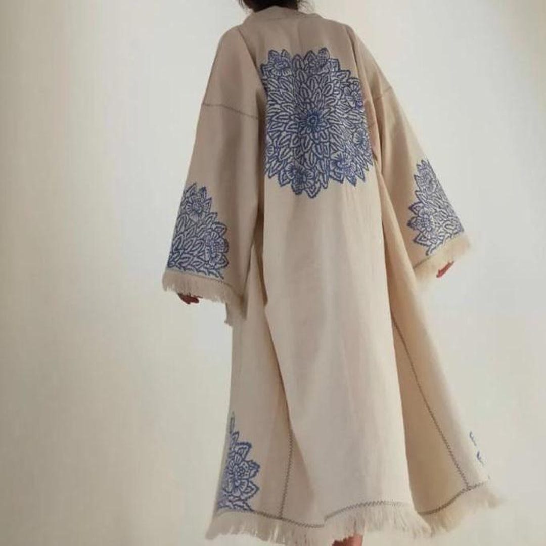 Layered Mist Robe Mist Linen Kimono: Hand-dyed Boho Robe With Flower Motif - Etsy