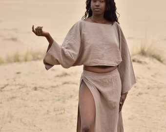 Slit skirt and top, Loose fit cotton clothing, Beachwear, Boho Set, Cotton two-piece set, Summer Clothing, Relaxed fit summer, Gift for her