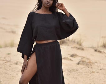 Slit skirt and top, Loose fit cotton clothing, Beachwear, Boho Set, Cotton two-piece set, Summer Clothing, Relaxed fit summer, Gift for her