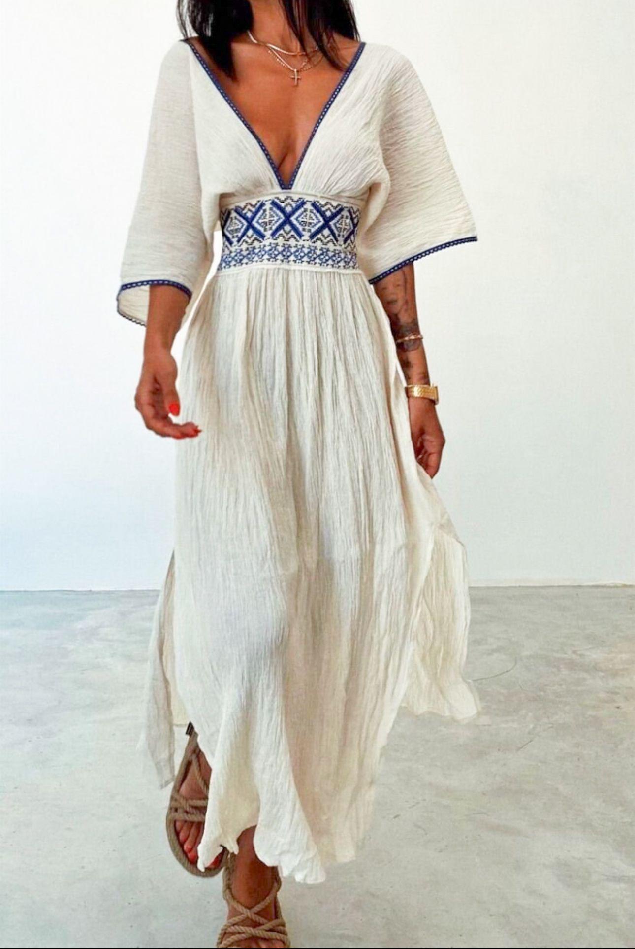 bohemian slit dress Boho Summer Dress: Long White Goddess Gown Style the black floral