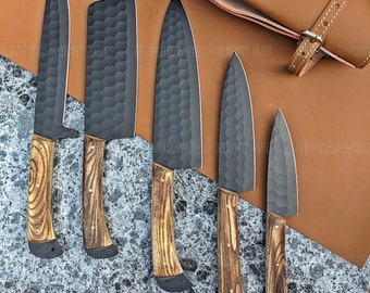 Handmade Kitchen Knives Set 5 Pcs wood handle Powder Coated Blades Birthday gifts Unisex   Anniversary gifts Mother Day Gifts