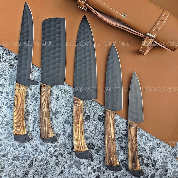 Handmade Kitchen Knives Set 5 Pcs wood handle Powder Coated Blades Birthday gifts Unisex   Anniversary gifts Thanksgiving Gifts