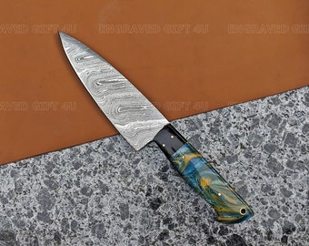 Custom Hand Forged Damascus Chef Knife Resin Handle Handmade Kitchen Chef Knife Copper Knife BBQ Knife Anniversary gifts Thanksgiving Gifts