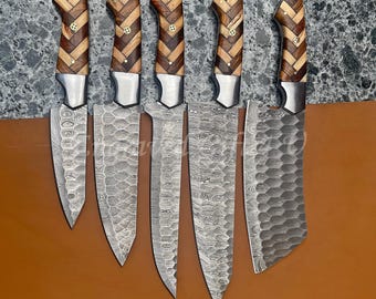 Stunning 5-Piece Kitchen Knife Set with Damascus Steel Blades and Beautiful Handle Professional Chef Knife Set Anniversary Birthday Husband