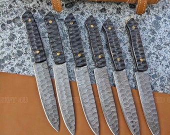 Zestaw noży do steków 6 szt. z czarną drewnianą rękojeścią, ostrza ze stali damasceńskiej, noże do steków BBQ, prezenty na urodziny, dla drużby, dla chłopaka i taty na Święto Dziękczynienia