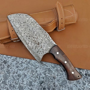 Serbia Cleaver Rain Drop Pattern Damascus Steel Full Tang Serbian Style Chef Cleaver Leather Sheath Bbq Knives Anniversary Independence Day