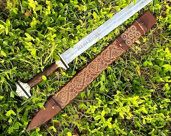 Espada vikinga de acero de Damasco forjada a mano con empuñadura de madera de rosa