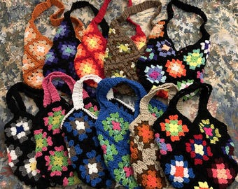 Bolso de mano cuadrado de abuela tejido a crochet hecho a mano (2 estilos)