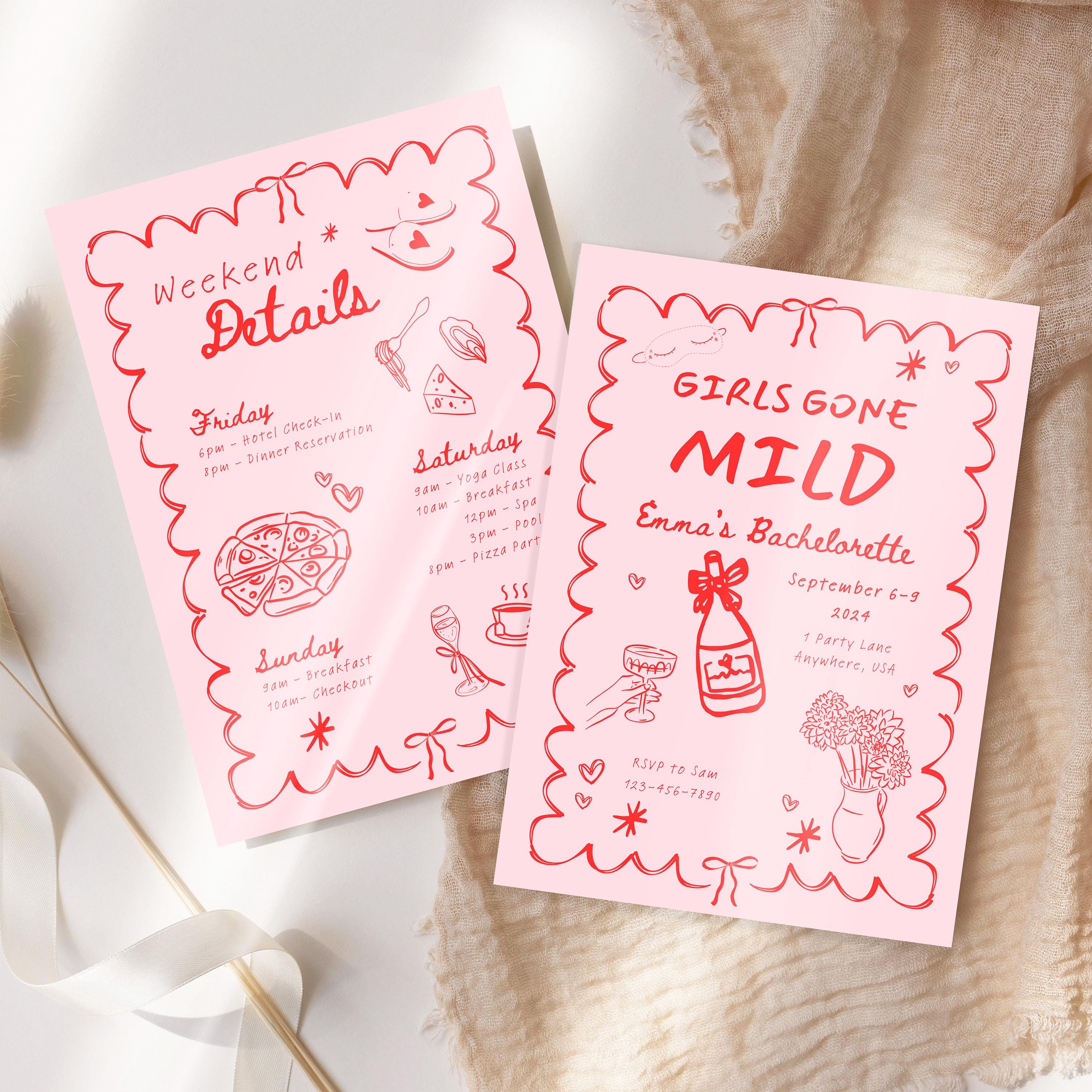 Weekenduitnodiging vrijgezellenfeest Girls Gone Mild – bewerkbare canva-sjabloon, handgetekende krabbeluitnodiging, afdrukbare en digitale canva-sjabloon
