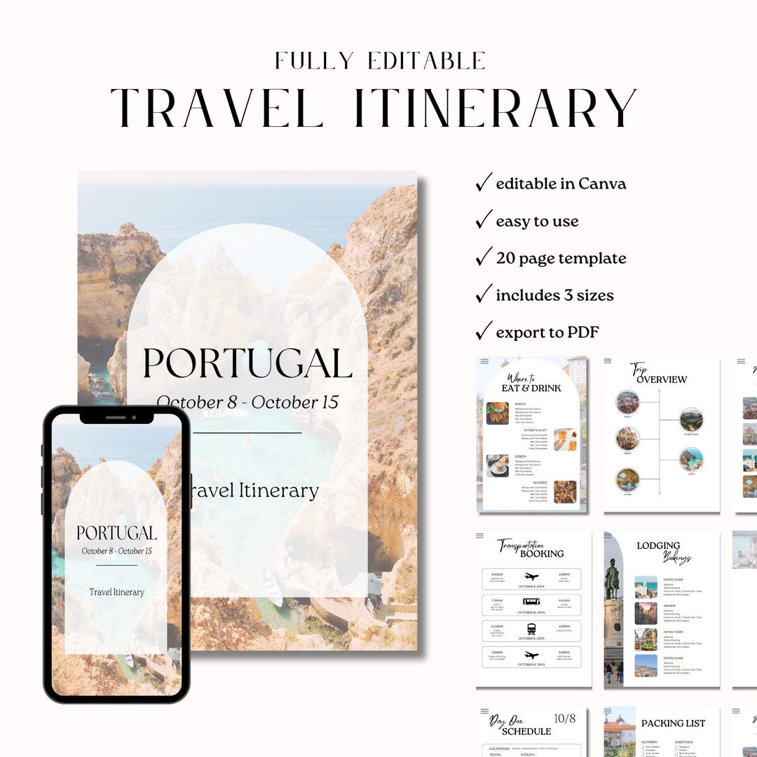 Editable Travel Itinerary Template - Modern Trip Planner (canva ...