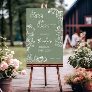She&#39;s Fresh Off the Market Bridal Shower Sign, Farmers Market or Flower Market Themed, Printable and Digital Editable Canva Template