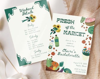 Farmers Market Bachelorette Invitation, Itinerary Template (Canva, Printable)