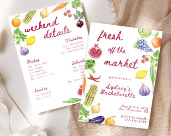 She's Fresh Off the Market Bachelorette Weekend Invitation and Itinerary, Farmer's Market Bachelorette, Printable and Digital Canva Template