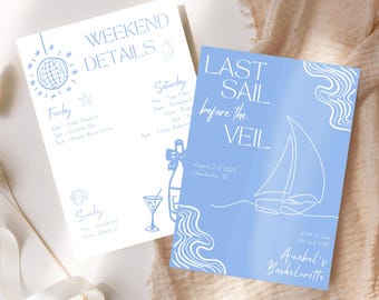 Last Sail Before the Veil Bachelorette Weekend-uitnodiging en reisplan | Bewerkbare canvassjabloon voor strand-, kustoma- en kustthema&#39;s