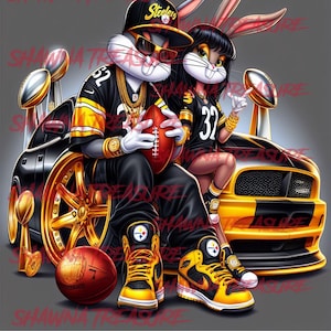 May include: A cartoon illustration of Bugs Bunny and Lola Bunny dressed in Pittsburgh Steelers jerseys and holding a football. They are sitting in front of a black and yellow car with gold wheels. The car has a Steelers logo on the hood. The background is gray.
