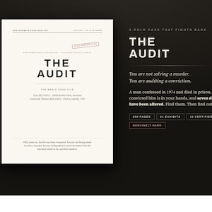 Puede incluir: Una carpeta de color crema titulada The Audit, con la marca Northumbria Constabulary, detalles del caso de Edith Ruskin Vere y Thomas Bill Ardery. El texto describe una auditoría de caso sin resolver con 258 páginas, 24 pruebas y 10 registros certificados.