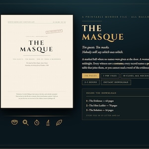 Puede incluir: Un archivo de juego de misterio imprimible titulado The Masque, con una portada color crema con texto negro y un panel informativo azul oscuro. El documento incluye 156 páginas, 3 archivos PDF y 10 pistas para 2-3 horas de juego.