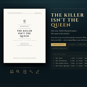 Op de afbeelding: Een printbare eliminatiepuzzel getiteld The Killer Isn't The Queen, met een donkere achtergrond en gouden tekst. Het document bevat vier zaken, twaalfduizend verdachten, zevenenvijftig aanwijzingen en twee PDF-bestanden in US Letter en A4-formaat.