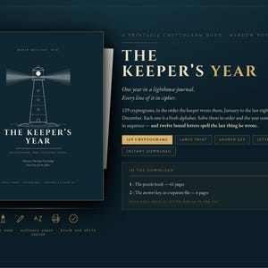 May include: A dark blue digital product display for The Keeper's Year, a printable cryptogram book. The cover features a white lighthouse illustration and the title. The text details 129 cryptograms, large print, answer key, and instant download.