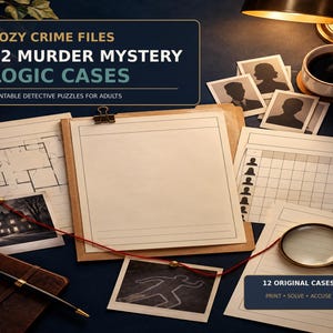 Puede incluir: Una colección de documentos de rompecabezas de detectives imprimibles titulados COZY CRIME FILES 12 MURDER MYSTERY LOGIC CASES. El set incluye un portapapeles con papel en blanco, un plano, una cuadrícula, fotos de sospechosos, una lupa y un bolígrafo.