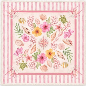 May include: A square, fringed blanket with a nautical theme. The design features pink and white stripes, a compass rose, seashells, coral, tropical flowers, and sea turtles. The color palette includes pink, yellow, green, and beige.