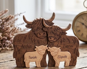 Gepersonaliseerde houten puzzel familie hooglanders, aangepast naambord, boerderijdecor