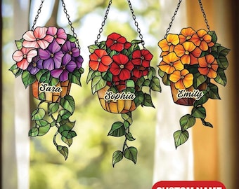 Hanging Flower Basket Suncatcher Set – Faux Stained Glass Acrylic Window Decor