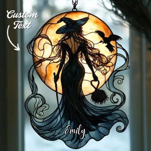 Atrapasueños de bruja a la luz de la luna para Halloween, colgante de ventana de imitación de vidriera, decoración de cuervo