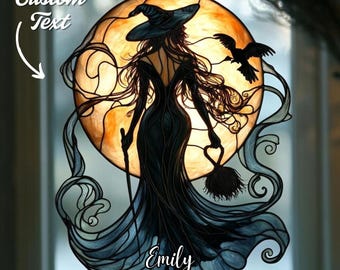 Halloween Moonlit Witch Suncatcher, Faux Stained Glass Window Hanging, Raven Decor