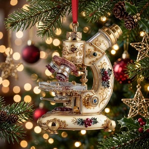 Könnte beinhalten: Ein dekoratives Mikroskop-Ornament mit cremefarbenem Körper, verziert mit goldenem Filigran, roten Stechpalmenbeeren und grünen Blättern. Das Objekt hat ein rotes Band zum Aufhängen sowie goldene Metalldetails am Okular und am Fuß.