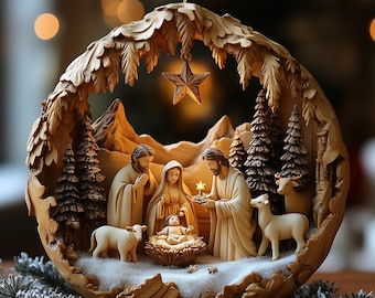 May include: A circular, carved wooden Christmas ornament featuring a nativity scene with figures of Mary, Joseph, and the infant Jesus in a manger. The scene includes sheep, pine trees, and a golden star hanging from the top of the frame.