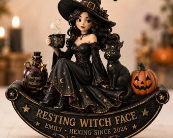 Gepersonaliseerde foto van een heks met een zwarte kat, Halloween-decoratie, griezelig schattig heksencadeau, fantasiekunst woonaccessoire