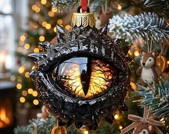 Adorno navideño de fantasía con forma de ojo de dragón de fuego, decoración festiva con purpurina roja, decoración de ojo de bestia mítica.