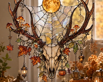 Betoverende bosgeest raamhanger - Acryl glas-in-lood decoratie met bosschedel en maan - Herfst Halloween cadeau
