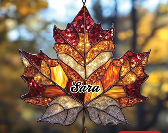 Personalized Maple Leaf Suncatcher - Custom Name Stained Glass Style Window Hanging