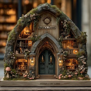 Könnte beinhalten: Eine Miniatur-Bibliotheksstruktur mit der Aufschrift Sophia's Forest, mit spitzbogigem Design, steinstrukturierter Fassade, Moos und kleinen Blumen. Das Innere zeigt beleuchtete Bücherregale, eine dunkelgrüne Tür und eine Uhr.
