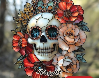 Custom Stained Glass Skull with Flowers, Personalized Name Window Hanging, Gothic Home Decor