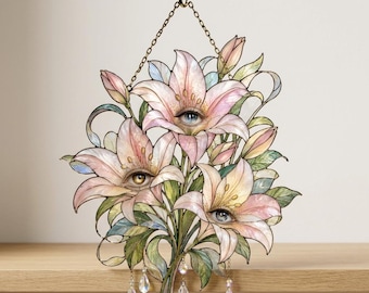 Lelie-oog raamhanger, gotische bloemen raamhanger, glas-in-lood lelie raamhanger, surrealistische bloemen raamhanger