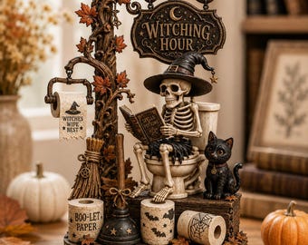 Badkamerdecoratie met skeletmotief in heksenuurthema, grappig en griezelig toiletpapierhouderbeeldje, gotisch heksenachtig herfstbeeldje voor in huis, cadeau