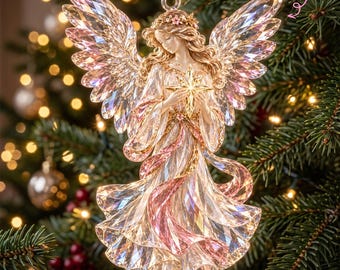 Gepersonaliseerde kristallen engel van acryl, roze hartvormige beschermengel kerstboomversiering 2026