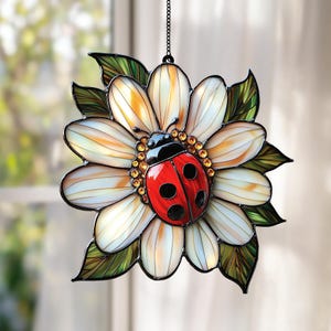 Superbe ornement attrape-soleil en faux vitrail marguerite, décoration artistique en verre coccinelle, cadeau parfait pour les amateurs de coccinelles