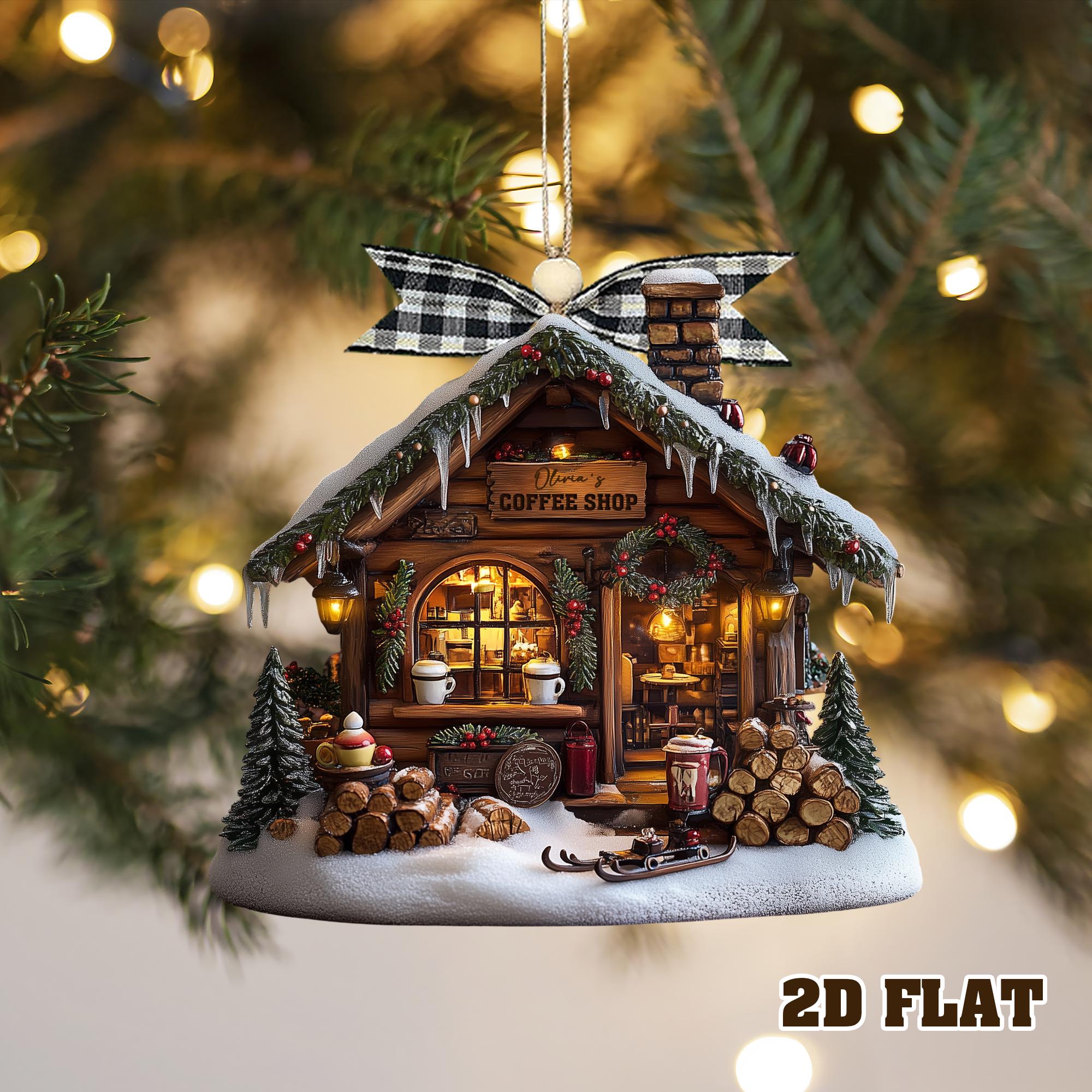 クリスマス　オーナメントハウス　コーヒーショップ カスタムネームコーヒーショップオーナメント、アクリル製クリスマス