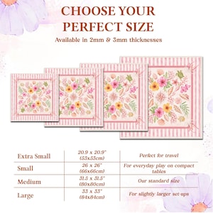 May include: Pink and white striped mats in four sizes, featuring floral and seashell designs. Sizes range from 20.9 x 20.9 inches to 33 x 33 inches, with thicknesses of 2mm and 3mm. Text reads "CHOOSE YOUR PERFECT SIZE".